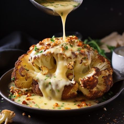 Whole Roasted Cauliflower With Butter Sauce - Good For Recipes Roasted Cauliflower With Butter Sauce, Oven Baked Cauliflower Recipes, Baked Cauliflower Recipe, Roasted Cauliflower Head, Whole Cauliflower, Oven Roasted Cauliflower, Roasted Cauliflower Recipes, Cauliflower Dishes, Whole Roasted Cauliflower