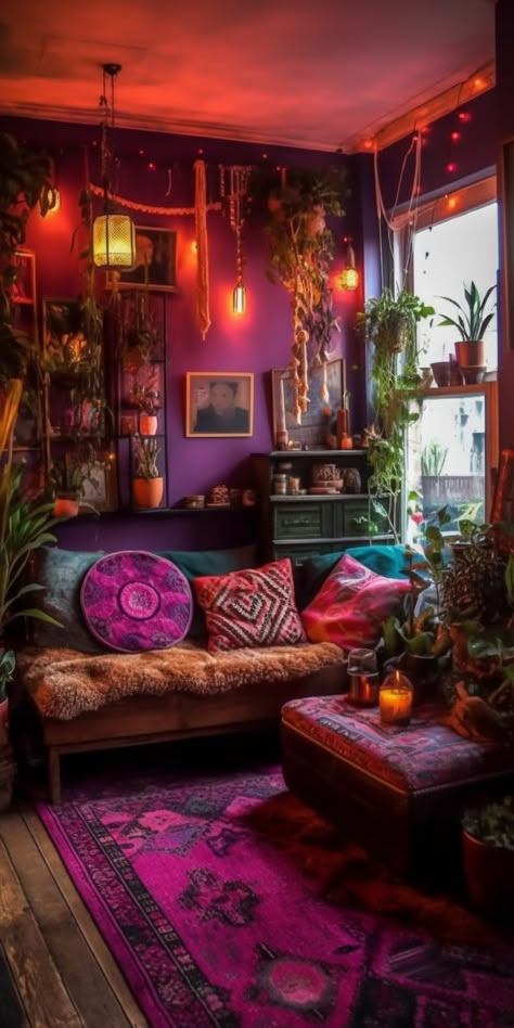 Vintage Maximalist Decor, Maximalism Interior, Dark Boho Living Room, Colourful Interiors, Rainbow Home Decor, Goth Bedroom, Decor Ideas Bedroom, Decor 2024, Boho Interiors