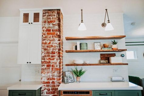 Check out this elegant kitchen space with exposed red brick chimney on HGTV.com. Column In Kitchen, Exposed Red Brick, Exposed Brick Kitchen, Brick Backsplash Kitchen, Kitchen Chimney, Brick Columns, White Tile Backsplash, Brick Chimney, Brick Kitchen