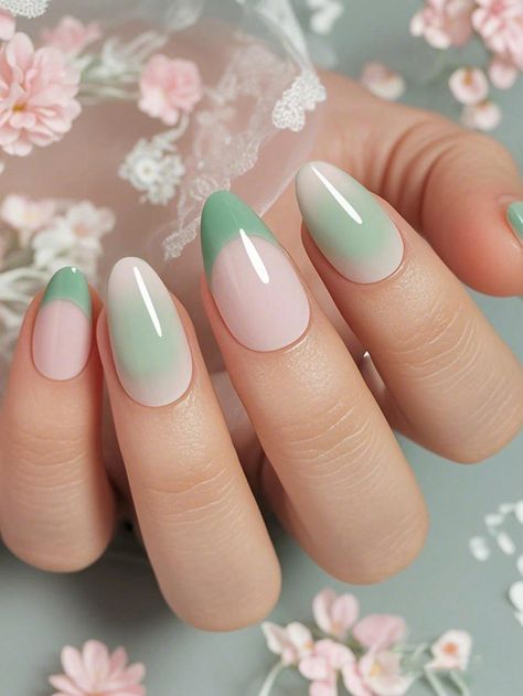 24pcs Short Almond Green Artificial Press-On Nails, Tie Dye French Tip Style Nail Tips, Ins Fresh Design Suitable For Girls/Women For Holiday, Party, Office Wear, Includes Double-Sided Tape And Nail File Green Simple,French   ABS,PET,Carborundum Colorblock,Plants Color Nails   Nail,Hand & Foot Care, size features are:Bust: ,Length: ,Sleeve Length: Nails Tie Dye, Acrylic Nail Supplies, Short Almond Nails, Elegant Nail Art, Almond Shape Nails, Color Nails, Almond Nail, Short Almond, Metal Hair Clips