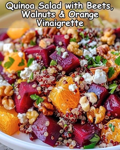 Orange Quinoa Salad, Beets Roasted, Salad With Beets, Orange Vinaigrette, Seafood Bisque, Kale Salad Recipes, Roasted Walnuts, Lemon Rice, Orange Salad