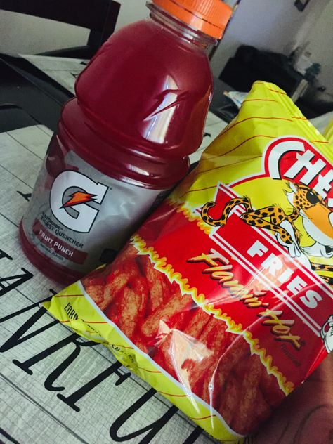 Can’t eat nothing but red foods  me  hot fries and Gatorade 😝 Red Gatorade Aesthetic, Hot Chips Aesthetic, Red Gatorade, Junk Food Snacks Aesthetic, Blue Takis, Spicy Chips, Red Foods, Freakshakes Recipe, Hot Fries