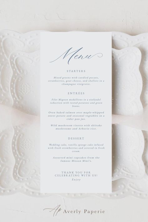 French Wedding Menu Ideas, Personalized Wedding Menu Cards, Blue Menu Wedding, Wedding Menu Inspiration, Blue Menu Design, Elegant Wedding Menu Ideas, Wedding Dinner Menu Ideas, Menu Calligraphy, Wedding Menu Design