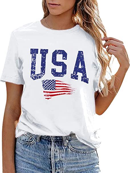 USA Flag Tee Shirt Women 4th of July Gift T Shirt Casual Short Sleeve American Proud T-Shirt Tops Vintage American Flag, Women's Ministry, Short Blouses, Casual Wear Women, American Flag Shirt, Casual Vest, Ladies Tee Shirts, Patriotic Shirts, Flag Shirt