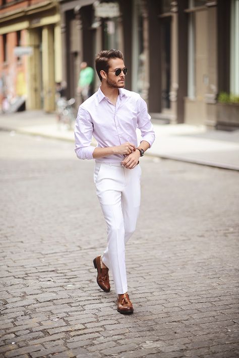 The Gentlemen's Attire Men Work Outfits, Adam Gallagher, Lavender Shirt, Dear Husband, White Dress Pants, Mens Fashion Work, Mens Wearhouse, Fashion 2014, Pink Long Sleeve Shirt