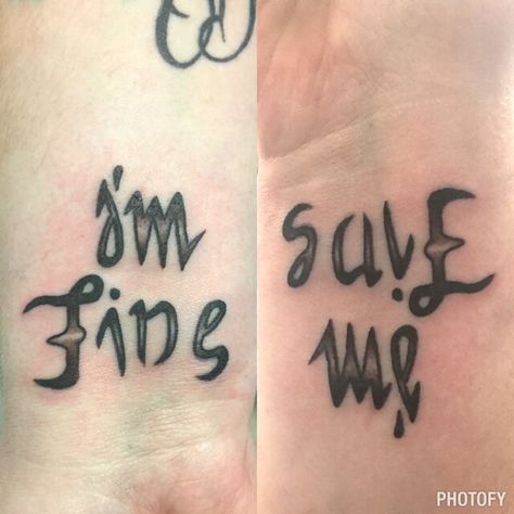 My Ambigram. Im finesave me Im Fine Save Me Tattoo, Im Fine Tattoo, Save Me Tattoo, I'm Fine Save Me, Ambigram Tattoo, Health Tattoo, Im Fine, Bts Tattoos, Saved Tattoo