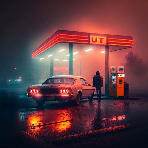 Car Neon Lights, Cinematic Car Shots, Driving Photoshoot, Car Light Photoshoot, Gas Station Photoshoot Night, Night Car Photography, Neon Gas Station, Old School Car Photoshoot, Car Photography Ideas