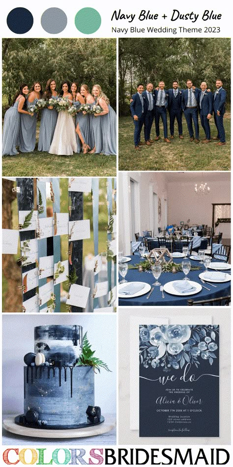 Wedding Color Dark Blue, Navy Blue Aesthetic Wedding, Navy Blue And Light Grey Wedding, Fall Wedding Colors Rustic Navy Blue And Grey, Midnight Blue And Silver Wedding Theme, Summer Wedding Navy Blue Color Palettes, Navy And Blue Wedding, Navy Blue And White Wedding Theme, Blue And Grey Wedding Theme