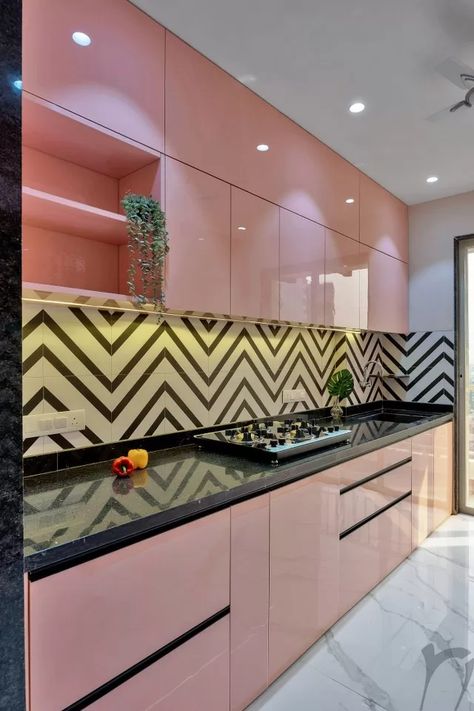 This Distinctive Apartment Design Pulls Off A Striking Balance That Matches The Client’s Taste And Budget | RN Deesign - The Architects Diary Kitchen Interior Pink, Kitchen Interior Modern, درج السلم, Kitchen Concept, Trendy Kitchen Colors, Kitchen Sink Design, Kitchen Design Color, Kitchen Tiles Design, Kitchen Modular