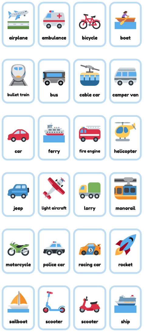 Free Transport English Printable Flashcards - made from emoji. US and UK English (ESL Flascards) Graphics are Twemoji (CC BY 4.0) Transport Flashcards Free Printable, English Flash Cards, Transportation Flashcards Free Printable, Esl Flashcards Free Printable, Printable Flashcards For Toddlers Free, Flashcards For Kids Printables, Transport For Kids, Esl For Kids, Transportation Flashcards