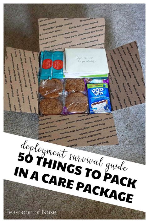 Whether for a deployed military member or college student, today we rounded up 50 things to pack in a care package! Navy Care Package, Army Care Package, Soldier Care Packages, Deployment Care Package Ideas, Deployment Packages, Things To Pack, Deployment Care Packages, Gift Baskets For Him, Military Care Package