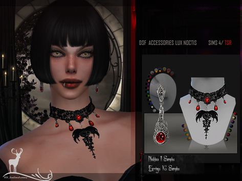 Sims 4 — DSF ACCESSORIES LUX NOCTIS by @DanSimsFantasy — This accessory set contains a pair of flat structure earrings. #featuredartist Sims 4 Cc Goth, Sims 4 Cc Hair, Emo Accessories, Vampire Jewelry, Vampire Clothes, Victorian Accessories, Goth Accessories, Free Sims, Sims 4 Teen