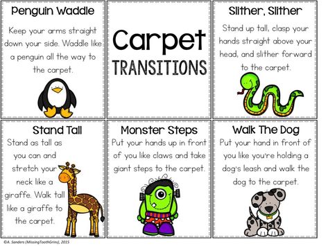 The Carpet Song, Carpet Song, Transition Songs For Preschool, Preschool Transitions, Transition Songs, Transition Ideas, Transition Activities, Kindergarten Classroom Management, Missing Tooth