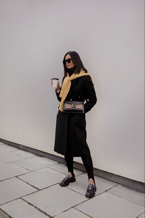 #blackoutfit #black #outfits #stirrupleggings #stirrup #leggings #loafers #black #coat #coachbag #yellowsweater #style #trending All Black Outfit Ideas, Black Outfit Ideas, Stirrup Leggings, Leggings Outfit, Black Outfits, All Black Outfit, Autumn Outfit, Casual Fall Outfits, Street Style Outfit