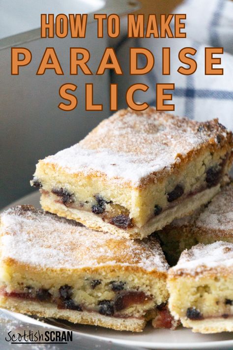 Paradise Slice Recipe - Scottish Scran Paradise Slice Recipe, Bakewell Slice Recipe, Tray Bakes Recipes, Best Slice Recipes, Colourful Recipes, Scottish Scran, Paradise Cake, Traybake Recipes, Bakewell Tarts