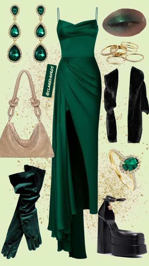 An outfit board featuring an emerald green floor length cocktail dress with a leg slit and spaghetti straps styled with emerald and gold drop earrings, a gold mesh shoulder bag, emerald green velvet gloves, black mega platform Versace heels, stacked gold rings, a gold ring with an emerald surrounded by diamonds, a black faux fur coat, and green glitter eyeshadow. The outfit is set against a mint green background with gold glitter across it. Green Fancy Dress Aesthetic, New Year Green Dress, Green And Gold Outfits For Women, Luxury Green Festive Gown, Green Evening Dress Aesthetic, Green And Gold Outfit Ideas, Green And Gold Outfit, Luxury Green Pre-draped Evening Dress, Black And Gold Outfit