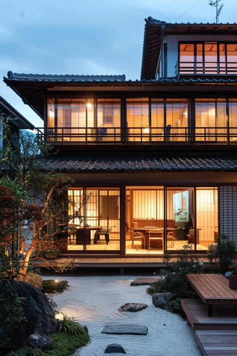 Discover calm and contemporary Japanese houses that blend modern design with traditional aesthetics. 🏡🍃 Create contemporary calm. Luxurious Japanese House, Japanese Vacation, Homes In Japan, Japanese House Exterior, Japanese Modern House, Modern Japanese House, Japanese Homes, Japan Traditional House, House Minimalist