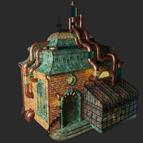 Steampunk Hideout, Steampunk Fantasy House Concept Art, Steampunk Architecture Concept Art, Steampunk Factory Concept Art, Steam Punk Buildings, Minecraft Steampunk Village, Steampunk City Minecraft, Steampunk Exterior, Steampunk House Concept Art