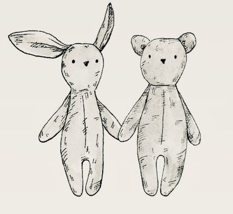 Cute Vintage Drawings, Bunny Plushie Drawing, Bunny Stuffed Animal Tattoo, Bunny Stuffed Animal Drawing, Stuffed Bunny Tattoo, Stuffed Animal Drawing, Stuffed Animal Tattoo, Stuffed Animal Art, Bunny Doodle