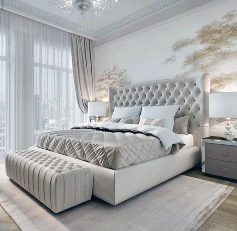 Stunning beige and white elegant bedroom decor with cream velvet tufted headboard bed & floral wall Bedroom With Cream Headboard, Floral Headboard Bedroom, White Tufted Bedroom Ideas, Beige Tufted Headboard Bedroom, Modern Luxury Bedroom Bed Frames, Cream Headboard Bedroom Ideas, Beige Headboard Bedroom, White Tufted Headboard, Beige And White Bedroom Ideas