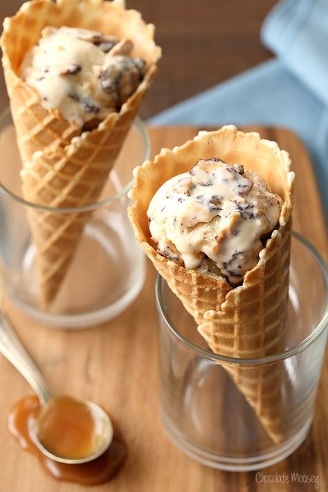 Caramel Waffle Cone Ice Cream Small Batch Ice Cream, Waffle Cone Ice Cream, Ice Cream Cones Recipe, Caramel Waffles, Waffle Cone Maker, Waffle Cone Recipe, Cone Ice Cream, Strawberry Crunch, Making Homemade Ice Cream