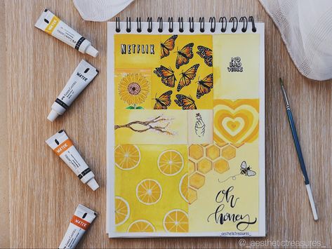 Yellow Mood Board Painting, Yellow Moodboard Painting, Yellow Drawing Aesthetic, Yellow Aesthetic Drawing, Yellow Aesthetic Painting, Yellow Painting Aesthetic, Mood Boards Drawing, Yellow Drawings, January Painting