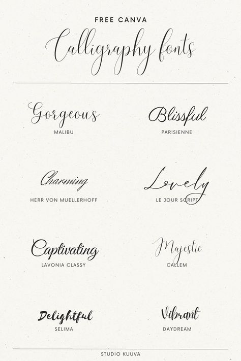 Calligraphy Fonts Canva, Pretty Cursive Fonts, Best Calligraphy Fonts, Canva Fonts Free, Calligraphy Tattoo Fonts, Best Canva Fonts, Calligraphy Business, Wedding Invitation Fonts, Fonts For Tattoos