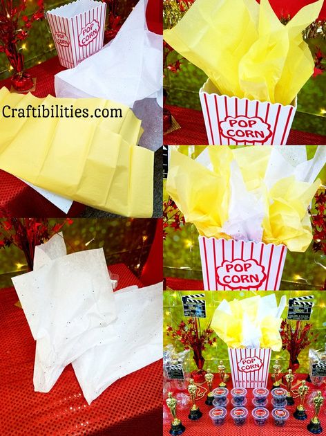 Super easy table decorations. Yellow and white tissue paper in popcorn buckets. RED CARPET event - Movie Night / Oscars Theme - fancy party ideas - decorations, favors, treats, photo booth, awards, dress - PHOTOS Popcorn Table Decorations, Popcorn Centerpieces Table Decorations, Movie Night Party Favor Ideas, Popcorn Bucket Centerpiece, Movie Night Centerpieces, Tissue Paper Popcorn, Popcorn Table Ideas, Movie Theme Table Decorations, Movie Night Centerpiece Ideas