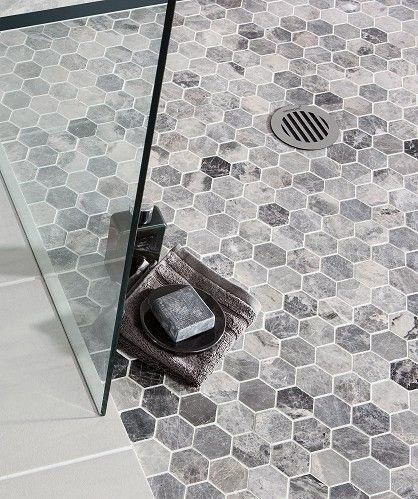 70 Bathroom Shower Tile Ideas - Luxury Interior Designs Drømme Bad, Hexagonal Tiles, Grey Mosaic, Black Mosaic, Bathroom Black, Shower Floor Tile, Master Shower, Bath Bathroom, Master Bath Remodel