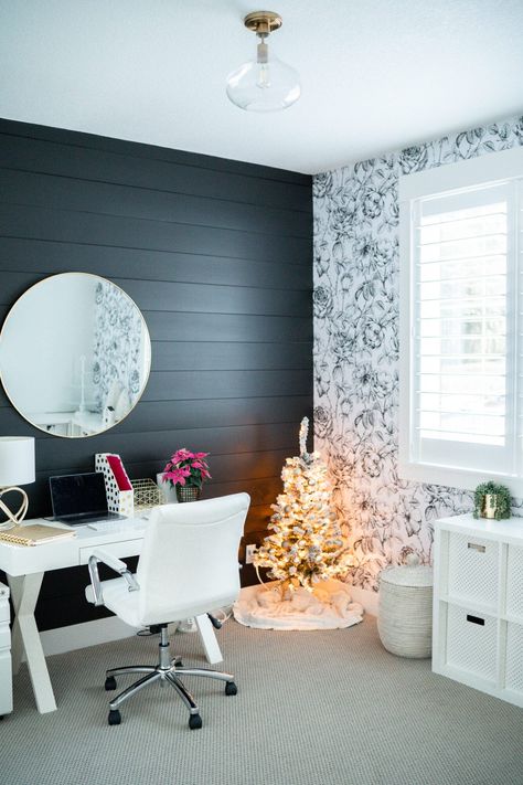 Don't be afraid of dark accent walls! We recently added this black shiplap accent wall and I'm in love! I am sharing all the details of our office reveal over on the blog. #blackshiplap #accentwall #office #officedecor #shiplap #wallpaper #officedesign #homedecor #homedesign Accent Wall And Wallpaper, Black Shiplap Wall Office, Black Shiplap Wallpaper, Dark Accent Wallpaper, Wallpaper For Home Office Wall, Office Accent Wall Wallpaper, Home Office Accent Wall Wallpaper, Wallpaper And Shiplap Bedroom, Black And White Wallpaper Accent Wall