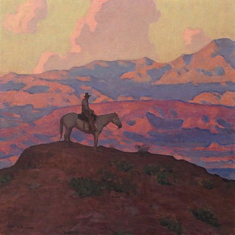 Glenn Dean, Watching the Shadows Merge, oil Lesbian Cowboy, Greg Beecham, Glenn Dean, Map Rpg, Cowboy Painting, Western Ideas, Buffalo Painting, Background References, Horses Art