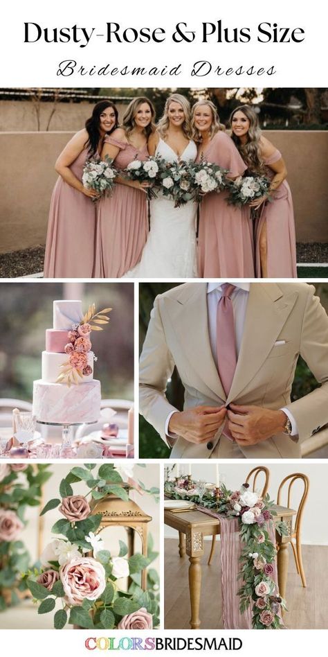 Dusty rose bridesmaid dresses in plus size, on sale under $100, in 600+ custom-made styles and all sizes, dusty rose bridegroom tie, white and dusty rose flower decorated wedding cake, table, dusty rose wedding table runners. #colsbm #bridesmaids #bridesmaiddresses #weddingideas #dustyrosewedding #weddingarch #bouquet #weddingtablecloth #weddingcenterpieces #plussizedresses #dustyrosedress b2180 Dusty Rose Wedding Table, Dusty Rose Wedding Theme, Rose Wedding Theme, Dusty Rose Bridesmaid, Plus Size Bridesmaid Dresses, Dusty Pink Weddings, Dream Wedding Reception, Light Pink Wedding, Wedding Cake Roses