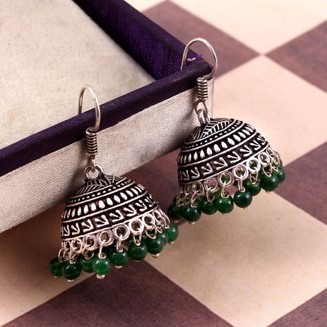 Oxidized Silver Plated Handmade Medium Size Hook Drop Green Beaded Jhumka Jhumki Ethnic Earrings jewelry women Green Jhumka, Oxidized Jhumkas, Vintage Indian Jewelry, Oxidized Earrings, Fancy Jewellery Designs, Indian Jewellery Design Earrings, Traditional Earrings, Fancy Earrings, Silver Jewelry Earrings