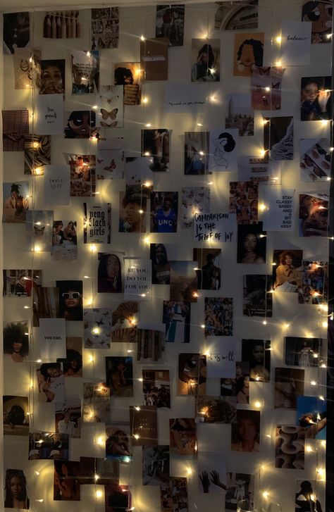 Lights And Pictures In Bedroom, Lights With Photos On Wall, Photo Fairy Lights Wall, Fairy Lights Picture Wall, Ideas For A Picture Wall, Twinkle Lights Picture Wall, Photos To Hang On Wall Aesthetic, Photo Wall Fairy Lights, Aesthetic Pictures To Hang On Your Wall