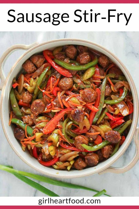 If you're looking for an easy, satisfying supper that's perfect for busy weeknights, then give this yummy sausage stir-fry recipe a try! It's loaded with flavourful sausage, colourful veggies and a simple stir-fry sauce. #stirfryrecipe #stirfrywithsausage #sausagestirfry Keto Sausage Stir Fry, Sausage Veggie Stir Fry, Sausage And Broccoli Stir Fry, Chicken Sausage Stir Fry Recipe, Teriyaki Sausage Stir Fry, Sausage And Veggies Stirfry, Sausage Stir Fry Sauce, Bratwurst Stir Fry, Polish Sausage Stir Fry Recipes