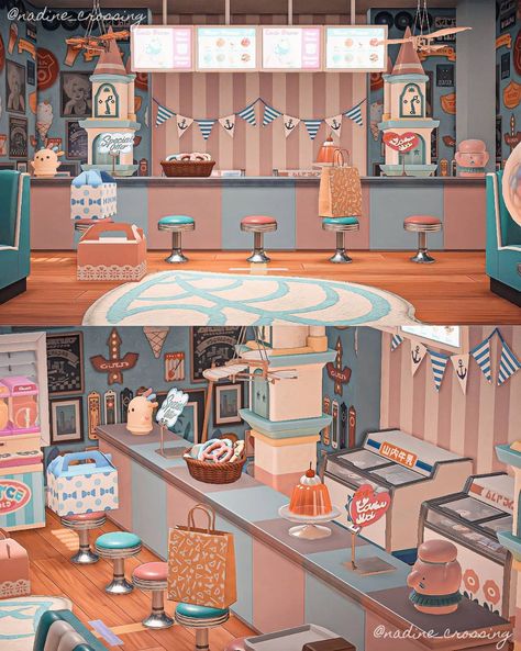 Seaside Cafe, Animal Crossing Fan Art, Ice Cream Design, Happy Home Designer, Animal Crossing Characters, Inside Decor, Vintage Ice Cream, Ice Cream Parlor, Animal Crossing Game