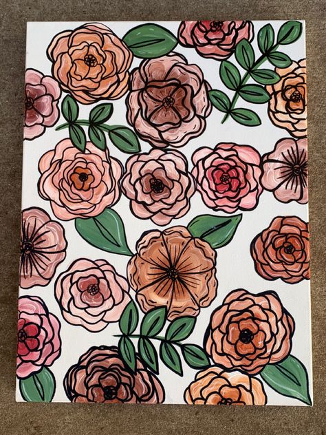 Boho Floral Canvas Painting, Flower Painting With Black Outline, Posca Floral Art, Flower Painting Outline, Floral Marker Art, Floral Painting Easy, Painting Ideas Sketchbook, Sketchbook Ideas Easy, Painting Ideas Flowers