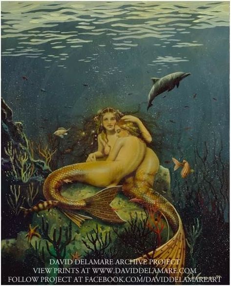 Three Mermaids, Mermaid Mythology, Hans Thoma, William Russell, John Howe, Water Nymphs, Mermaid Painting, Mermaids And Mermen, Vintage Mermaid