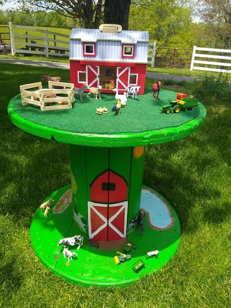 Farm Play Table, Farm Play, Kids Backyard Playground, Spool Tables, Backyard Kids Play Area, Cable Reel, Kids Outdoor Play, Diy Dollhouse Furniture Easy, Play Table