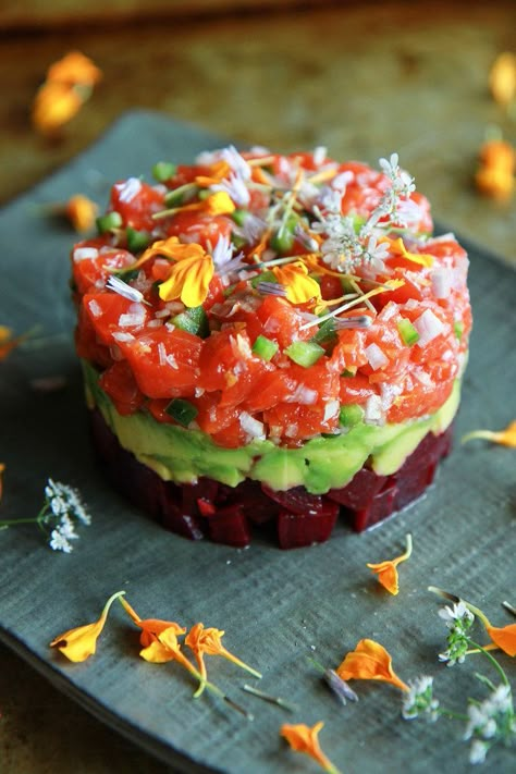 Salmon, Beet and Avocado Tartar with Lemon Vinaigrette - Heather Christo Salmon Tartare, French Dressing, Lemon Vinaigrette, Sushi Recipes, Fish Dishes, Food Presentation, Food Plating, Salmon Recipes, Finger Food