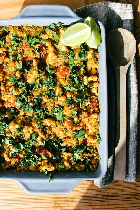 A one-dish, dump and bake recipe made with whole food, plant-based ingredients and an array of bright spices. You’ll love this easy-to-make dish! Homemade Vegetable Broth, Vegan Quinoa, Vegan Curry, Crushed Garlic, Shredded Carrot, Fresh Lime, Indian Dishes, White Beans, Vegetable Pizza