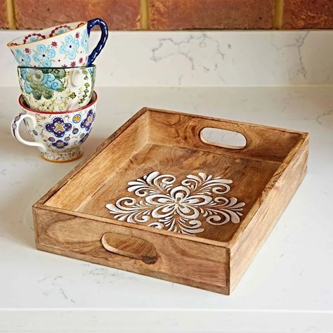 Floral Carved Natural Mango Wood Tea Tray - Two Sizes - Handmade and Sustainable - Serving Tray - Home Décor - Decorative Tray #wooddesign #mangowood #woodfurniture #woodtray #trays #tray #woodworker #woodwork #woodmaker #wooddesign #woodshop #homedecor #tableware #officetabledecor Tray Photography Ideas, Tray Photography, Wood Tea Tray, Tea And Biscuits, Bottles Design, Mango Trees, Office Table Decor, Wood Trays, Mango Tree