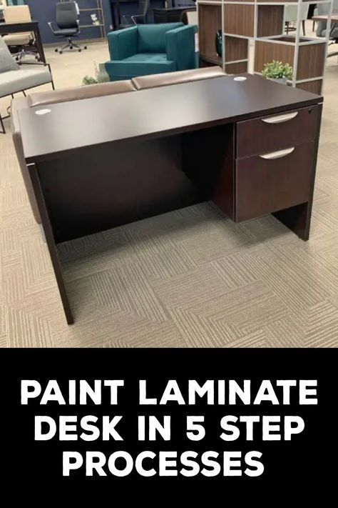 How to Paint Laminate Desk Mdf Desk Makeover, Diy Painted Desk Ideas, Peel And Stick Desk Makeover, Cheap Desk Makeover, How To Paint Laminate Furniture, Laminate Desk Makeover, Painting A Desk Diy, Desk Diy Makeover, Office Desk Makeover