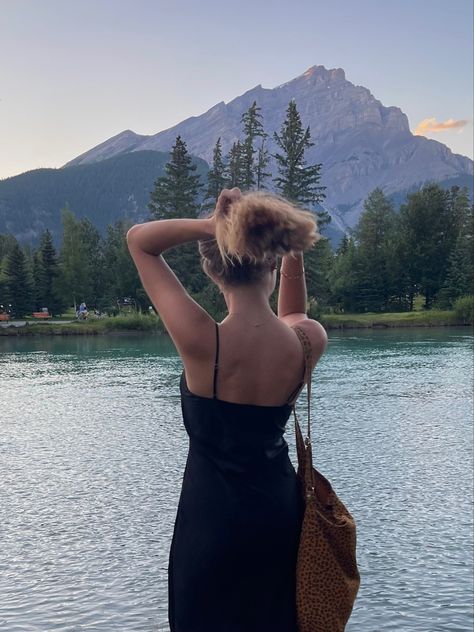 Canadian Summer Aesthetic, Canadian Girl Aesthetic, Banff Aesthetic, Summer Aesthetic Black, Canadian Aesthetic, Aesthetic Black Dress, Blonde Aesthetic, Mountain Aesthetic, Lake Girl