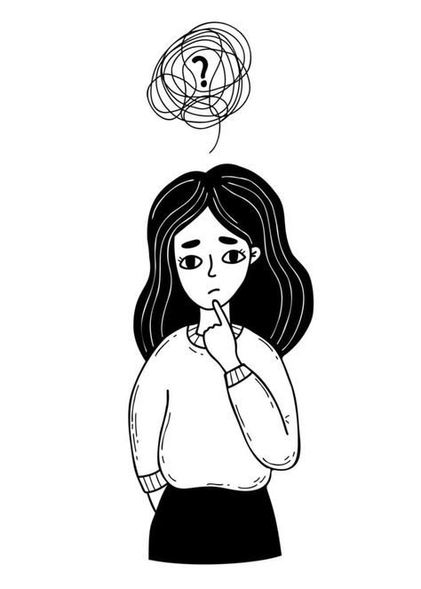 Portrait of thinking person. Thoughtful girl, confused thoughts and problems. Vector illustration. linear hand drawn doodle. Psychological problem solving concept and sad woman. Problem Solving Illustration Design, Confused Person Illustration, Woman Thinking Illustration, Person Thinking Illustration, Thinking Illustration Art, Girl Thinking Drawing, Thinking Drawing Thoughts, Person Thinking Drawing, Thinking Doodle