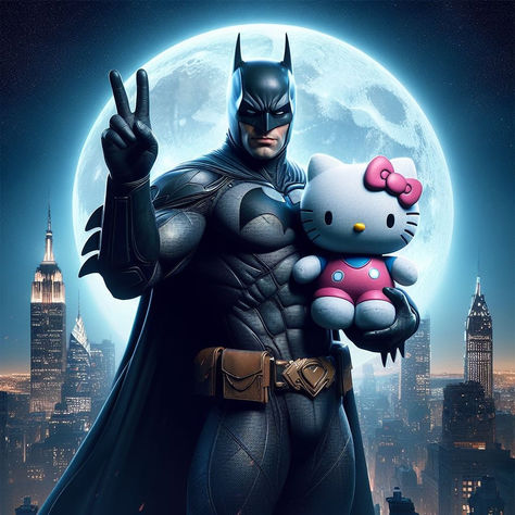 Batman And Hello Kitty Pfp, Batman And Hello Kitty, Bat Kitty, Hello Kitty Batman, Batman Pictures, Love Scrapbook, Alpha Wolf, Batman Wallpaper, Hello Kitty Backgrounds