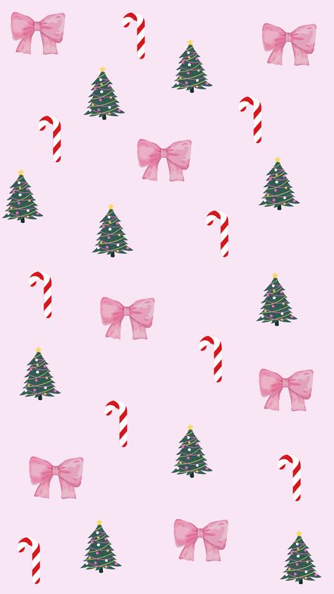 Festive pink Christmas wallpaper with bows, trees, and candy canes Pink Christmas Apple Watch Wallpaper, Bow Wallpaper Christmas, Pink Christmas Background Iphone, Candy Cane Wallpaper Iphone, Christmas Bow Background, Pink Christmas Desktop Wallpaper, Christmas Bows Wallpaper, Pink Holiday Wallpaper, Christmas Wallpaper Candy Cane