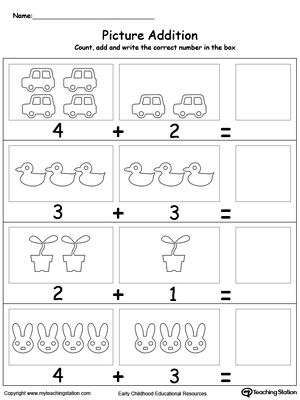 **FREE** Color and Add Numbers With Pictures Worksheet.Learn addition by counting the pictures, this simple yet affective worksheet will help your child develop their beginning math skills. Add Worksheets Kindergarten, Beginning Addition Activities, Pre K Math Worksheets Addition, Simple Counting Activities, Adding Numbers Kindergarten, Adding Worksheets For Preschool, Adding Kindergarten Activities, Kindergarten Activities Printables, Beginning Addition Kindergarten