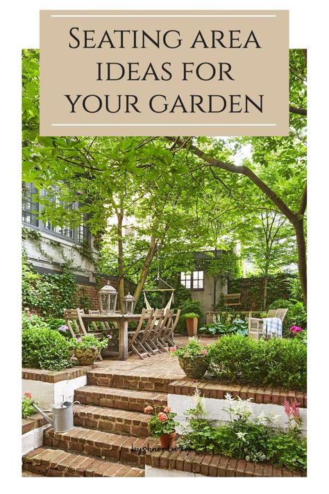 Garden Embankment Ideas, Raised Garden Beds With Sitting Area, Garden Seating Nook, Reading Corner Garden, Art Deco Garden Design, Garden Reading Area, Garden Seating Area Ideas, Courtyard Seating, Garden Seating Ideas