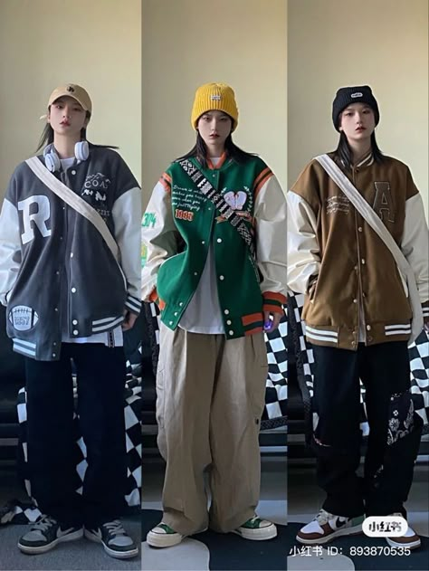 Korean Retro Outfits, Baseball Jacket Outfit, Varsity Jacket Outfit, Boyish Outfits, Boyish Style, Lifestyle Outfits, Streetwear Lifestyle, Baggy Clothes, Tomboy Outfits